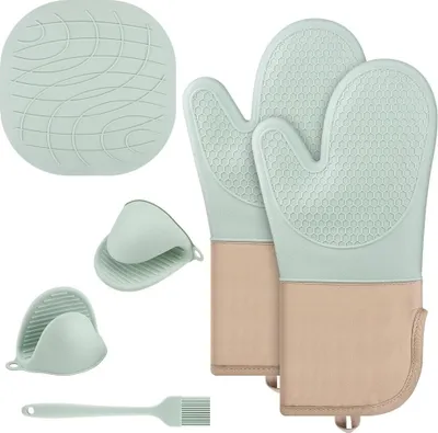 Produktbild von Set mit 6 Silikon-Ofenhandschuhen, rutschfest, hitzebeständig, mintgrün