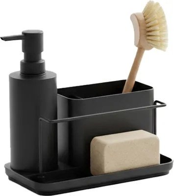 Obrázok produktu pre Organizér na drez Relaxdays, s dávkovačom mydla a držiakom na špongiu, rozmery: 19 x 21 x 12 cm, kuchynská súprava na umývanie riadu, železo, čierna