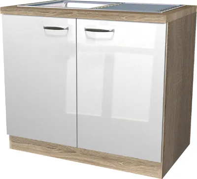 Produktbild von Spülenunterschrank mit Arbeitsplatte & Spüle - 100 cm breit - Hochglanz Weiß Sonoma Eiche – Valencia