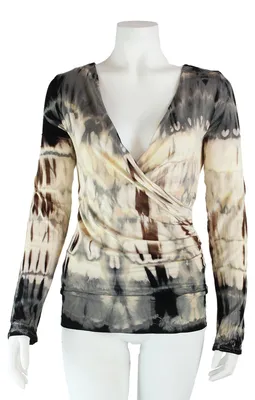 Produktbild von Langarmshirt mit V-Ausschnitt in Wickeloptik - Longsleeve - Raffung Batik - Tie Dye - Jersey