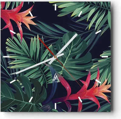 Produktbild von Wanduhr - Quadrat - Glasuhr - Exotisch Blumen Blätter - 40x40cm - Schleichendes Uhrwerk - Lautlos - zum Aufhängen bereit - Dekoration Modern - Wanddekoration aus Glas - C3AC40x40-4308
