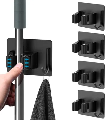 Produktbild von Besenhalterung Wand Selbstklebend 4 Stück Besenhalter Einzeln Gerätehalter mit Haken Ohne Bohren Edelstahl Mop Halter Halterung Besen Kleben für Küche, Badezimmer, Garten, Balkon (Schwarz)