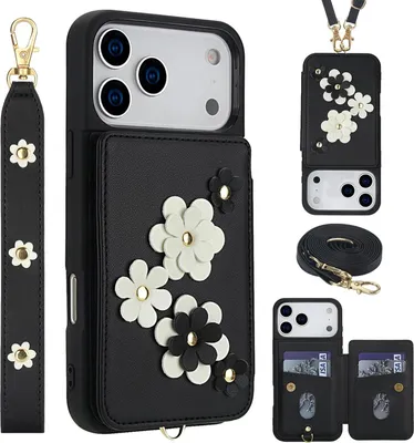 Obrázek produktu pro Crossbody pouzdro z umělé kůže pro Apple iPhone 17 Pro s květinovým motivem a pouzdrem na karty, černé