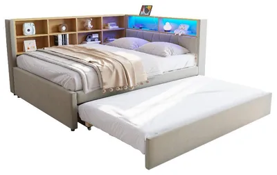 Productafbeelding van Slaapbank 140x200 cm met uitschuifbed 90x190 cm, LED-verlichting, USB-C, USB-poorten en stopcontact, fluweelstof in lichtgrijs met opbergvakken