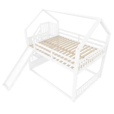 Produktbild von okwish Etagenbett mit 1*Matratze 140x200 Stockbett mit Rutsche und Stauraumtreppe Hausdesign mit Rausfallschutz Unterbett ohne Lattenrost,Weiß