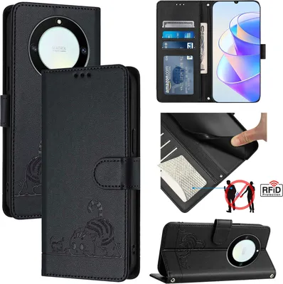 Produktbild von Leder Hülle für Honor X9A / Magic5 Lite Süße Katze Flip Case Brieftasche Schutzhülle mit Standfunktion Schwarz