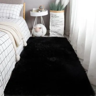 Image de Tapis shaggy à poils longs, 60 x 120 cm, noir, idéal pour la chambre à coucher ou le salon