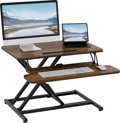 Produktbild von Höhenverstellbarer Sitz-Steh-Schreibtischkonverter mit Tastaturablage - Rustikales Braun