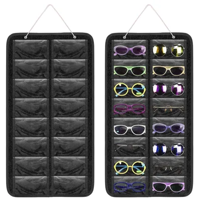 Produktbild von Hängender Sonnenbrillenhalter, wandmontierter Brillenorganizer, Sonnenbrillenhalter mit 16 Fächern, Wandbrillenhalter aus Filz, hängendes Brillendisplay (grau)