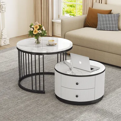 Produktbild von MODFU Couchtisch Wohnzimmertisch 2er Set für Wohnzimmer, Schlafzimmer Balkon, Beistelltisch Satztisch rund mit 2 Schubladen, Schwarz