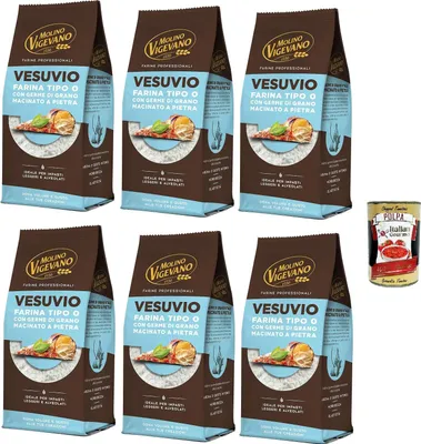 Produktbild von Molino Vigevano Farina Typ "0" Mehl, Vesuvio für hohe, weiche neapolitanische Pizza. 6 Packung mit 500 g + Italian Gourmet polpa 400g