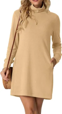 Produktbild von Gestricktes Damenkleid mit Rollkragen, langen Ärmeln und seitlichen Eingrifftaschen, in Khaki-Farbe