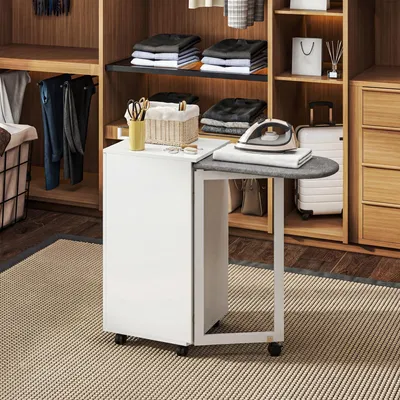 Produktbild von SUGIFT 2-in-1 faltbarer Bügelbrettschrank auf Rollen mit Bügelbrett und verstellbarem Regal für kleine Räume, Weiß, für vielseitige Verwendung