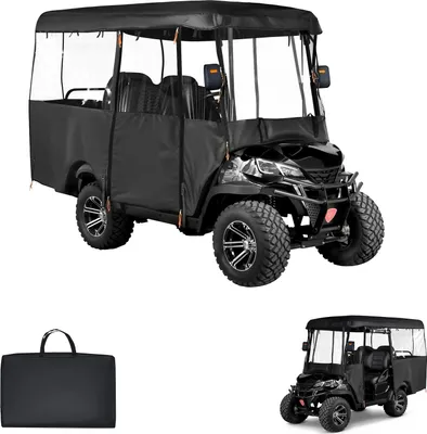 Immagine prodotto di SucceBuy Copertura resistente alle intemperie per golf car 2+2/4 posti, adatta ai modelli Club Car, Yamaha, EZGO e Honda, realizzata in resistente tessuto Oxford 600D con rivestimento inPoliuretanoe sistema di aggancio resistente al vento.