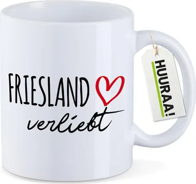 Produktbild von Huuraa Kaffeetasse Friesland verliebt 330ml Weiß Keramik Kaffeebecher Geschenkidee
