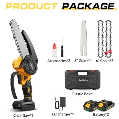 Obrázok produktu pre Bezdrôtová mini rezačka – akumulátorová motorová píla – 15 cm pílový list – motor 1500 W – sada 2 batérií – rýchlosť reťaze 6 m/s – pre domácich majstrov a strihanie stromov