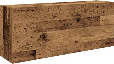 A rectangular wooden cabinet with an aged wood appearance, presented against a white background.