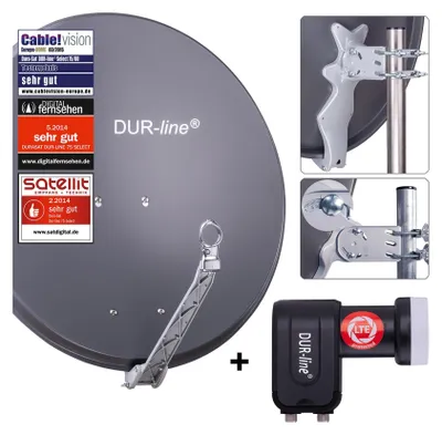 A collage showing a satellite dish, mounting hardware, and an LNB.