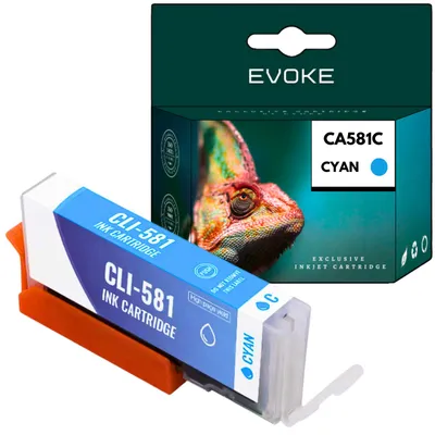 Obrázek produktu pro Kompatibilní inkoustové kazety Evoke pro tiskárny Canon CLI-581XL CLI581XL CLI-581C, barva: azurová, objem: 12 ml, výtisk: 850 stran, kompatibilní s modely: PIXMA TR7550, 8550; TS6150, 6151, 6250, 6251, 6350, 6350a, 6351, 705, 705a, 8100, 8150, 8151, 8152, 8250, 8251, 8252, 9150, 9155