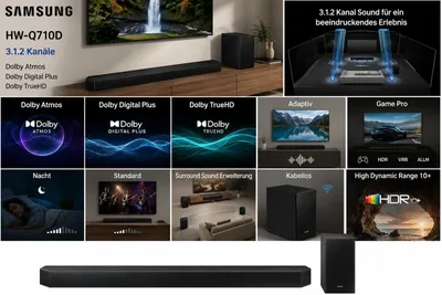 Produktbild von Samsung HW-Q710D, 3.1.2 Kanäle, Dolby Atmos, Dolby Digital Plus, Dolby TrueHD, Adaptiv, Game Pro, Nacht, Standard, Surround Sound Erweiterung, Kabellos, Schwarz, High Dynamic Range 10+ (HDR10 Plus)