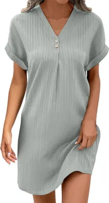 Image de ASKSA Femme Robe d'été en mousseline Col V Robe midi aérée Robe d'été unie à boutons, Gris, Taille : XL