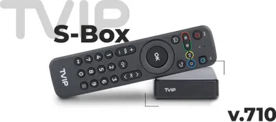 A TVIP S-Box v.710 with its remote control is displayed against a white background.