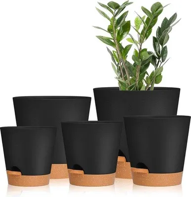 Zdjęcie produktu dla Doniczki z systemem samonawadniającym 7-65-6-55-5 cali, plastikowe, czarne