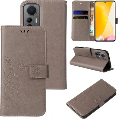 Produktbild von Handyhülle für Xiaomi 12 / 12X Floral Blumen Schmetterling Flip Cover Hülle Case Klapphülle Handytasche Farbe: Grau