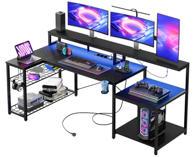 Produktbild von L-förmiger Gaming-Schreibtisch, 181 cm - Schwarz lackiertes Holz - Verstellbarer Eckschreibtisch mit Steckdosen und LED-Beleuchtung