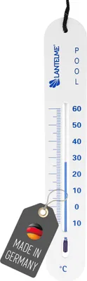 A white thermometer with a hanging tag showing the German flag and 'Made in Germany'.