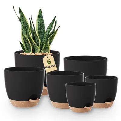 Obrázok produktu pre Sada 6 kvetináčov, samovyvažovací systém, čierna farba, 12,7–20,3 cm, plast, s podstavcami