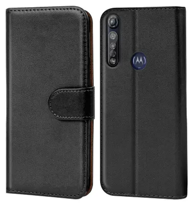 A black flip case for a Motorola phone, shown from the front and back.