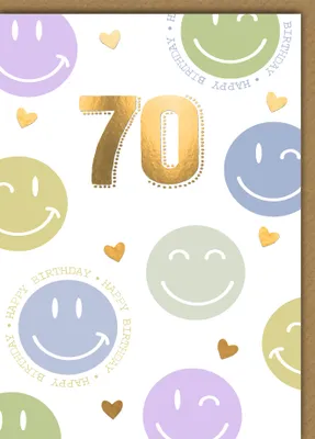 Produktbild von 70. Geburtstag Glückwunschkarte mit Umschlag Pastellsmileys goldene Zahl Happy Birthday