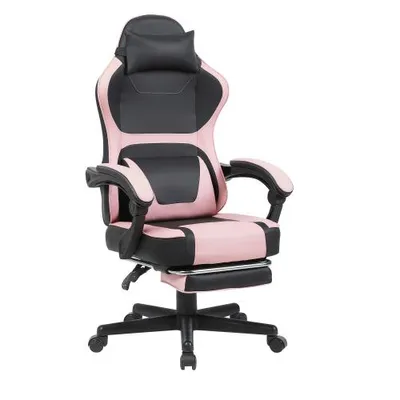 Produktbild von Gaming Stuhl ergonomisch mit Fußstütze, Gaming Chair mit Lendenkissen, Kopfstütze und PolyurethanBezug
