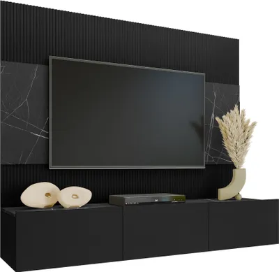 Produktbild von MIRJAN24 Wohnwand Deromi III, Wohnzimmer Möbel Set, Griffloses Öffnungssystem push to open, 2er-Set (Farbe: Schwarz / Schwarz + Schwarz Marmor)