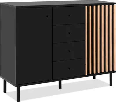 Produktbild von Sideboard Manet - 118x40x90cm - 2 Türen und 4 Schubladen - Schwarz/Eiche Nachbildung