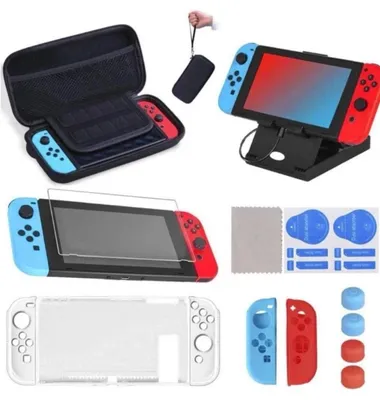 Produktbild von Nintendo Switch Zubehör Set Tasche Case Schutzfolie Ständer Travel Kit Bundle – Komplett Set für Switch & OLED, Transporttasche Zubehör