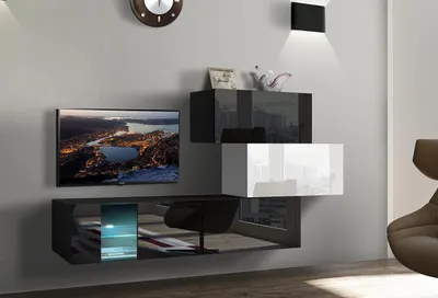Produktbild von Furnitech Wohnwand Wohnzimmer - Wohnzimmer Möbel mit LED Blau - Hängend Wohnwand Modern - Wohnzimmer Schrankwand mit Regale und TV Schrank (Troja AN85-17BW-HG22-1A)