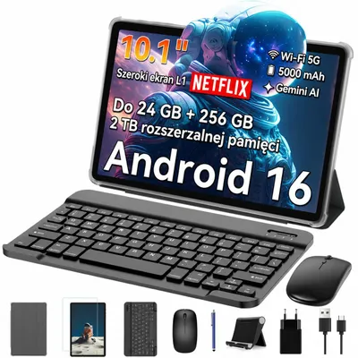 Zdjęcie produktu dla TABWEE T20 Tablet z Androidem 16, 10,1 cala, 24+256 GB z akcesoriami, Tablet PC, Face ID, Widevine L1, 5G WiFi, Gemini AI, 8 MP + 5 MP, GPS