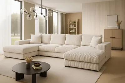 A spacious living room with a large sectional sofa, coffee table, and bookshelf.