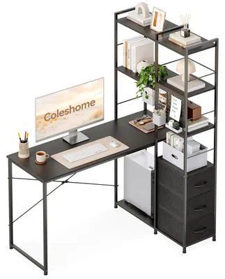 Eckschreibtisch L-Form 130x48 cm, 3 Schubladen, Regal, Schwarz