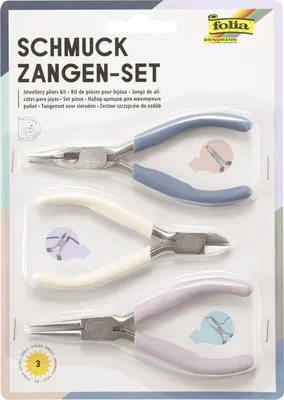 Produktbild von folia 23005 - Schmuckzangen Set, 3 teilig, Kombizange, Seitenschneider und Rundzange, rostfrei, je 11,4 cm lang, ideales Werkzeug für die Schmuckherstellung