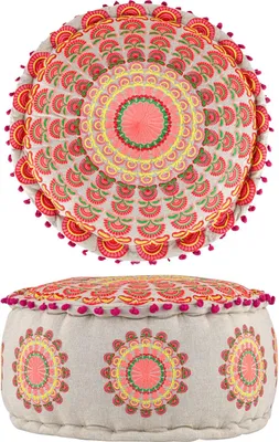 Obrázek produktu pro Marrakech pouf sedák kulatý 50 x 25 cm s výplní | Orientální taburet sedák Garet Orange z bavlny s výšivkou s motivem mandaly | Boho sedák pouf jako dekorace do obývacího pokoje ložnice