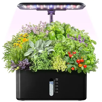 A smart indoor herb garden with LED grow lights and a water level indicator.