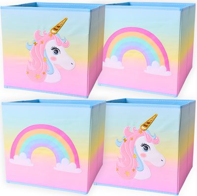 4 Stück Faltbox Einhorn Regenbogen Aufbewahrungsbox Kinder Spielzeugkiste 28x28