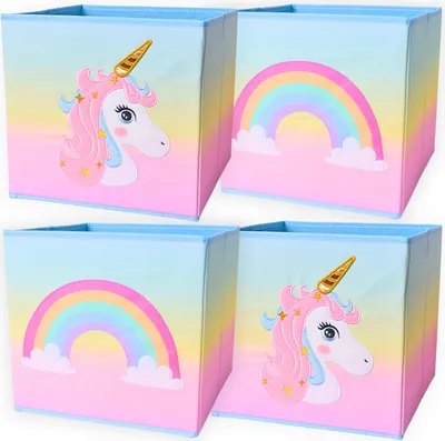 Produktbild von 4 Stück Faltbox Einhorn Regenbogen Aufbewahrungsbox Kinder Spielzeugkiste 28x28
