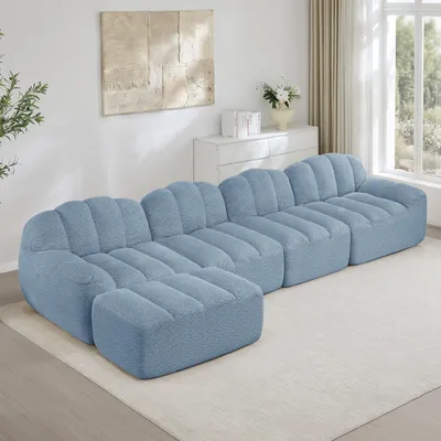 Produktbild von Muschelförmiges Viersitzer-Modulsofa mit Ottoman, Granulat-Fleece, Tiefensitz, 366 x 165 x 79 cm, Blau