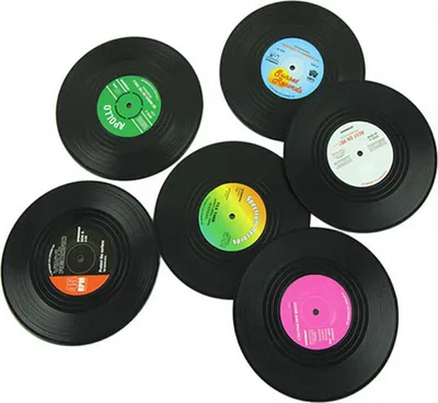 Produktbild von 6-teiliger Schallplatten-Untersetzer, leicht zu reinigen, leicht, Retro-Schallplatten-Untersetzer für Zuhause, Restaurant, Bar, Party
