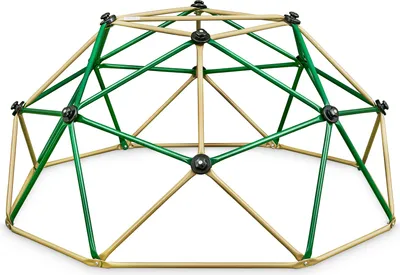 A geodesic dome climber for children, made of metal bars in green and tan colors, set against a white background.