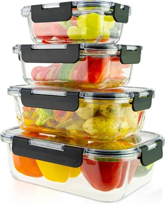 Produktbild von Glasbehälter mit Deckel – Aufbewahrungsboxen – Lebensmittelaufbewahrung – Auslaufsicher, stapelbar – Set mit 4 Stück – Schwarz